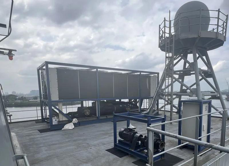 Air-cooled chiller installed on the deck of a ship