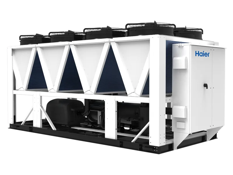 Haier air-cooled chiller with a white frame, blue coils and fans on top