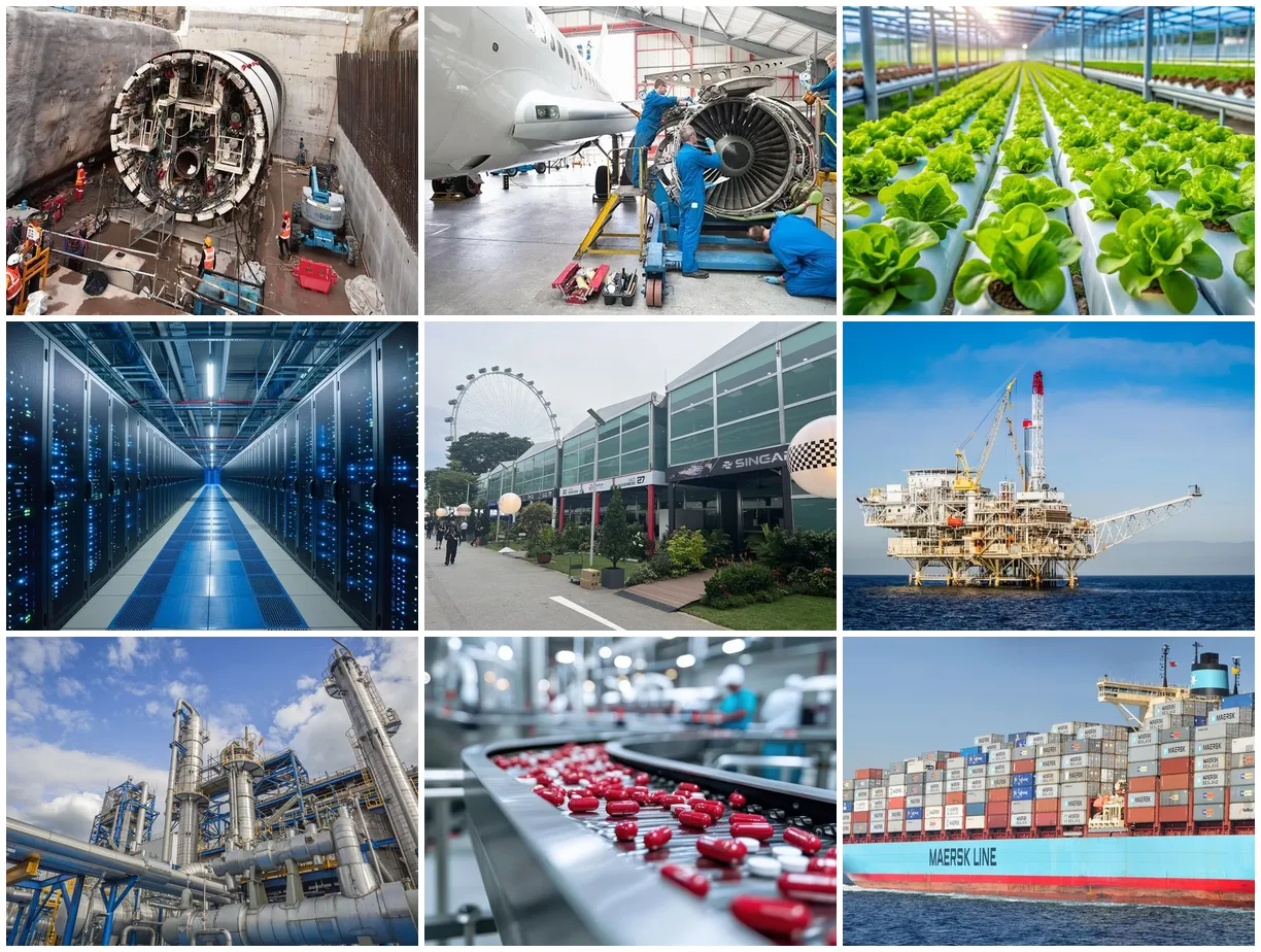Collage of nine industries served by Solutions Plus: construction, aerospace, agriculture, data centres, events, oil and gas, petrochemical and refining, pharmaceuticals and shipping