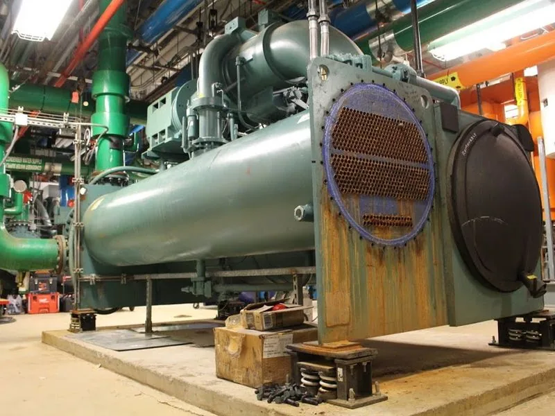 Water-cooled chiller with the tube bundle exposed for cleaning
